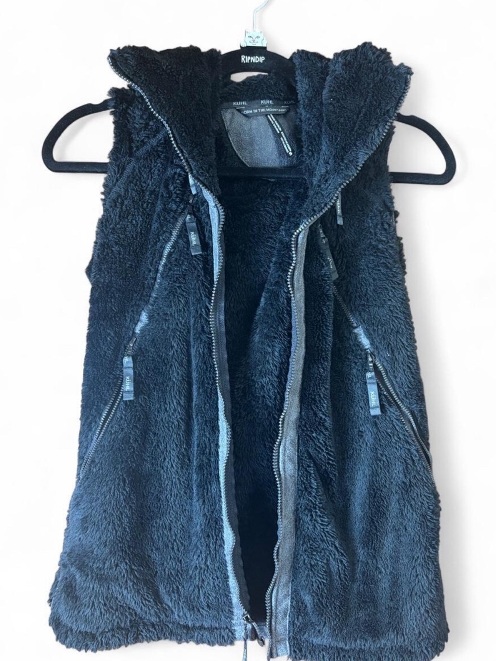 KUHL Flight Vest Hiking Deep Pile Fleece w/ Stowaway Hood BLACK SMALL